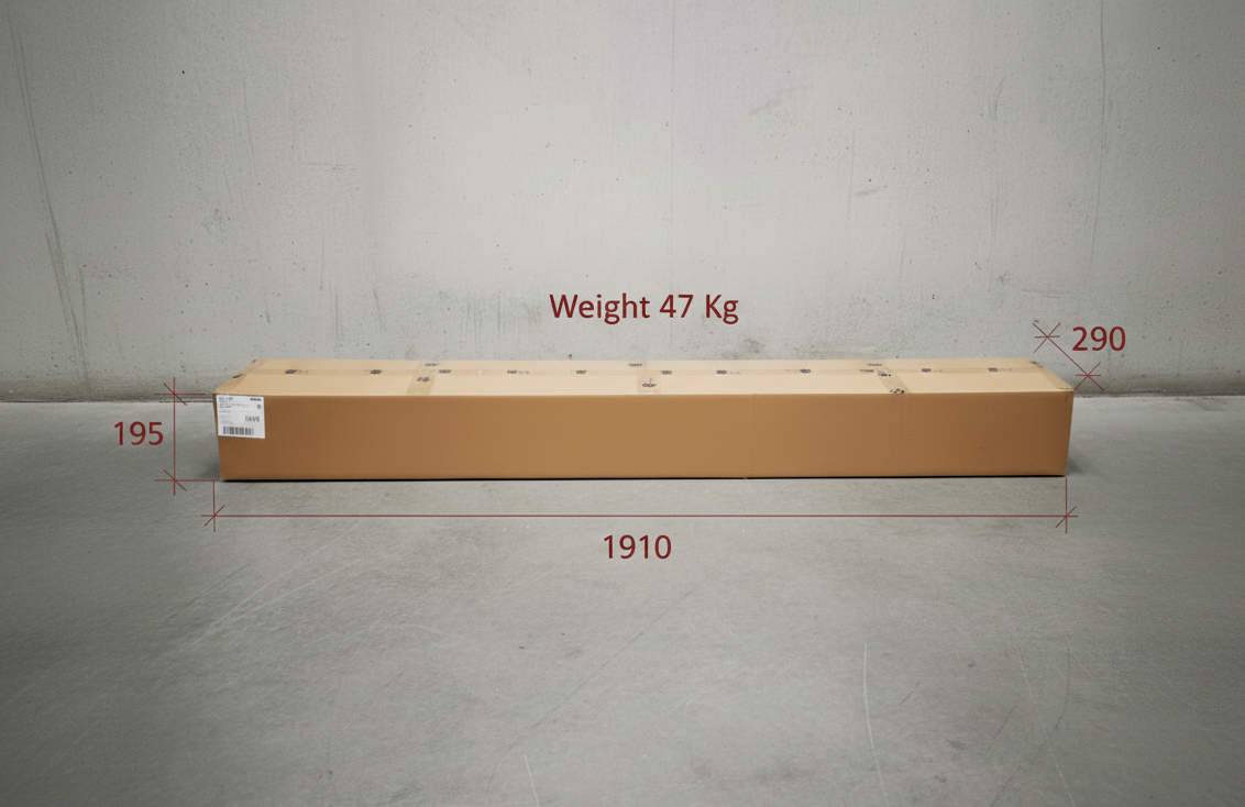 Slatwall packaging carton with annotated dimensions: 1910 mm length, 195 mm height, 290 mm depth, and 47 kg weight