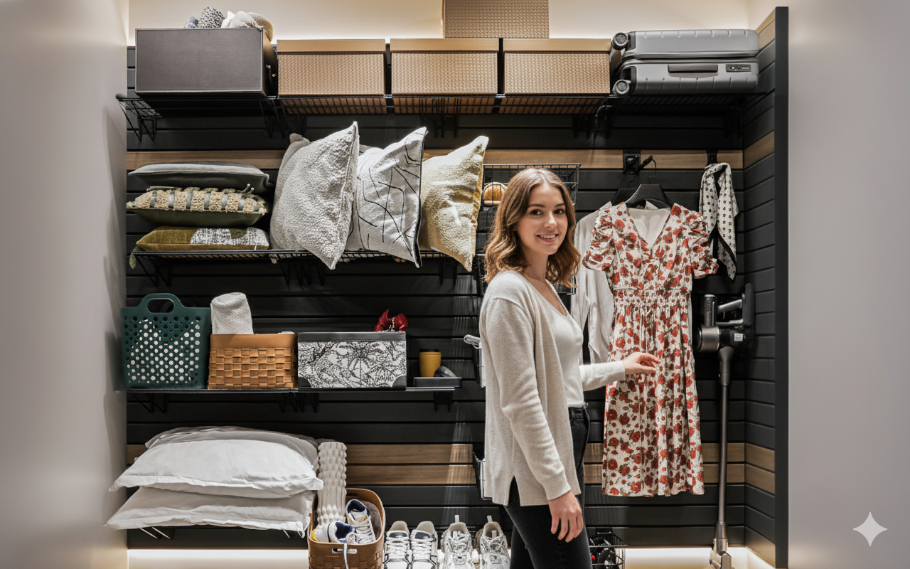 Organised slatwall wardrobe installation with shelves, baskets, clothing, and storage accessories